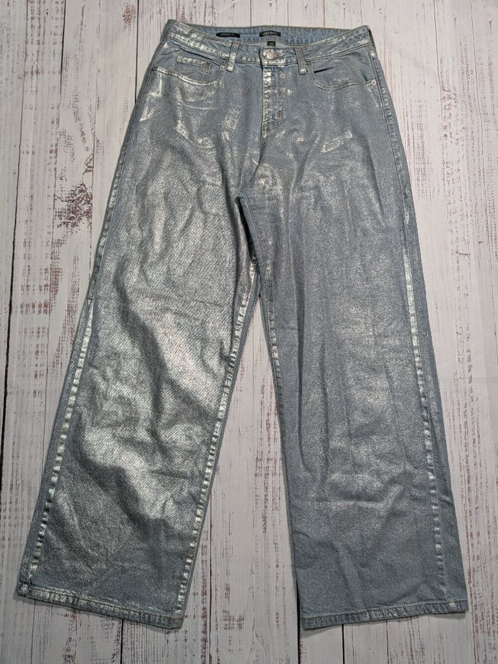 WILD FABLE Silver Spray Metallic Wide Leg Jeans Blue Denim Size 10 Regular